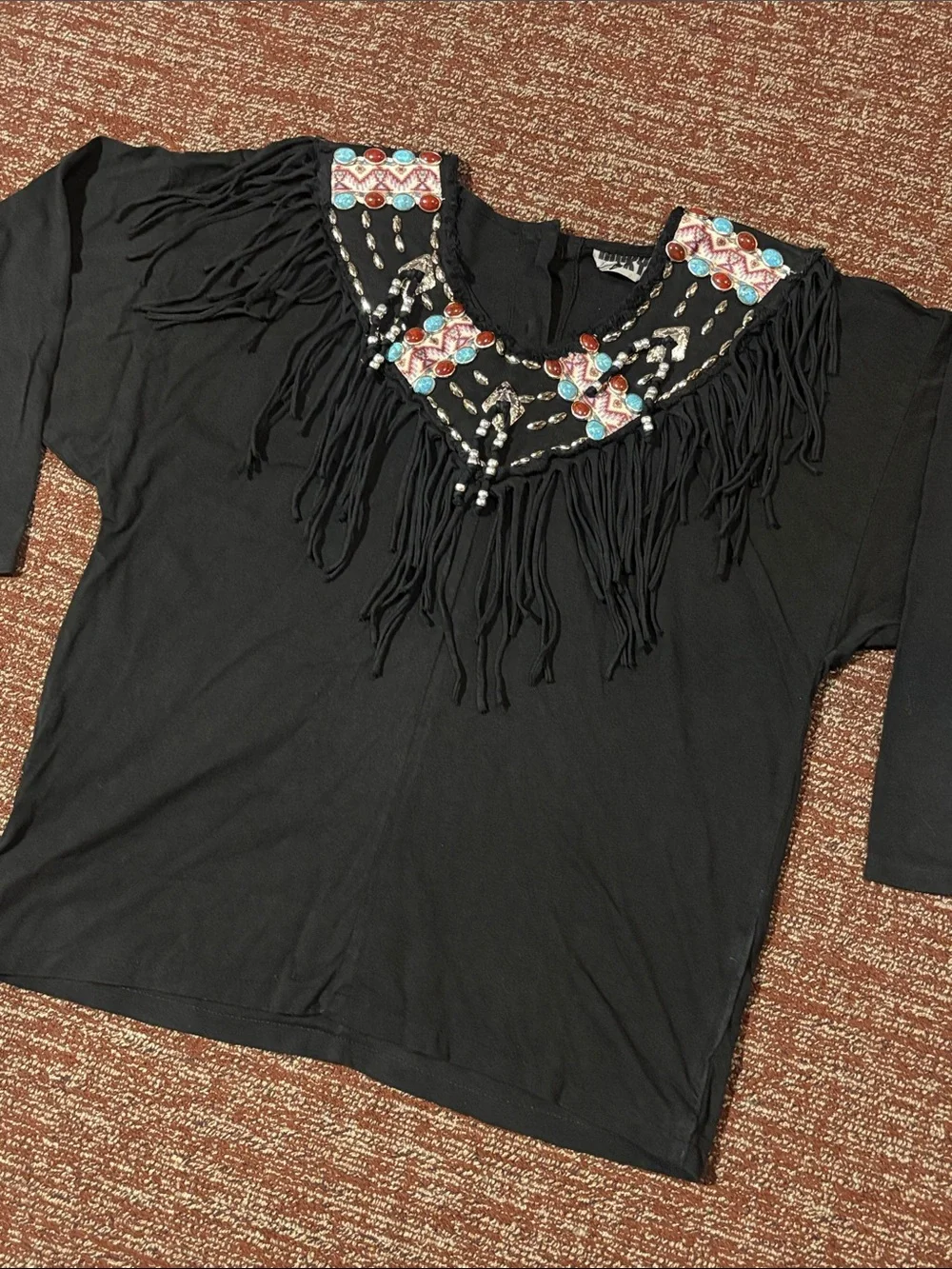 Vintage beaded fringe top western long sleeve shirt heavyweight fall cowgirl M/L